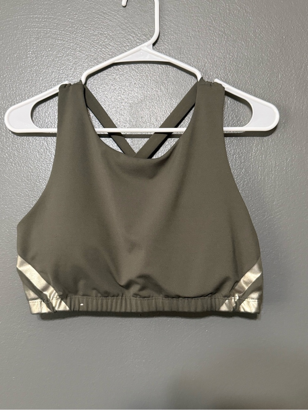 Aeropostale Olive Green High-Neck Sports Bralette with Metallic Trim.
